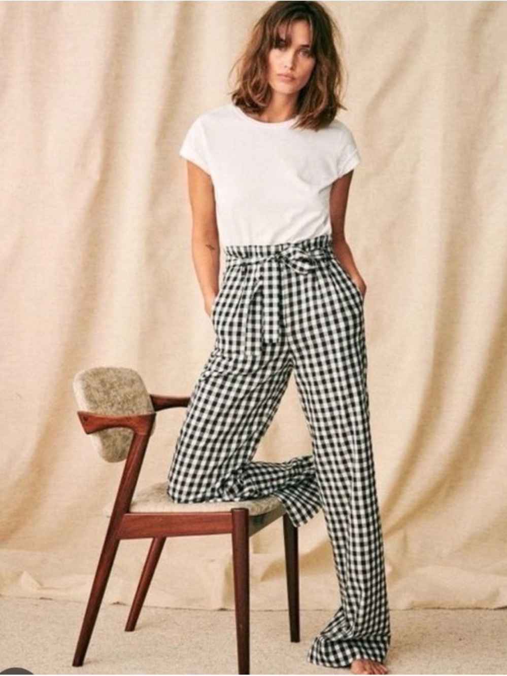 Checked Paperbag Waist Wide-Leg Pants - Black & White